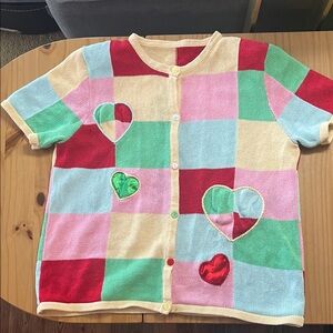 VTG Valentines Patchwork heart sweater short sleeve cardigan embroidered Large